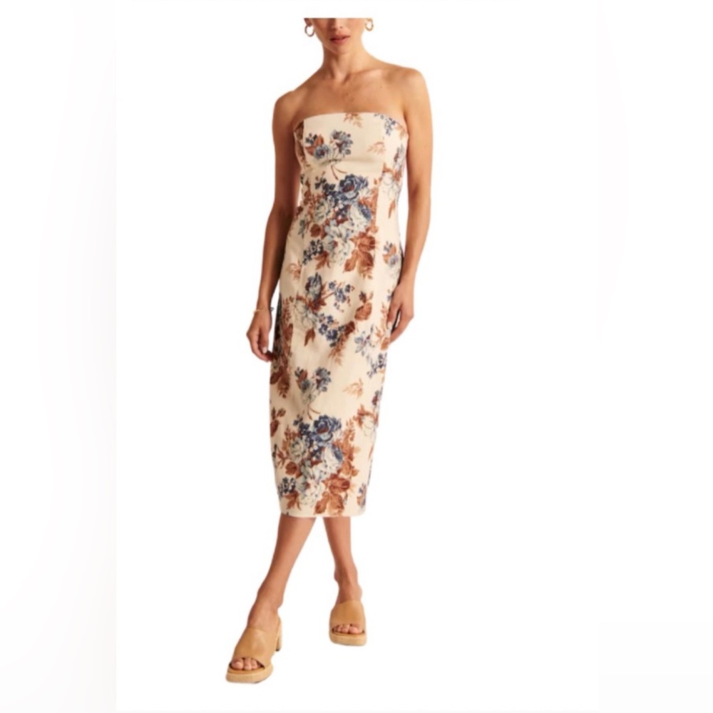 Abercrombie & Fitch Strapless Floral Dress - Cream and Blue